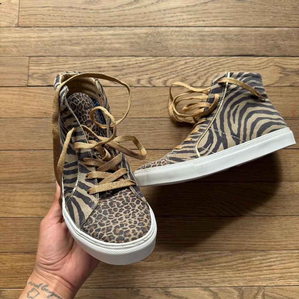 Tan and black zebra print high top trainers size 8M